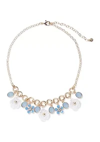 Gold Tone Blue Shaky Flower Frontal Necklace