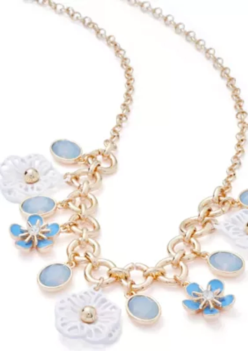 Gold Tone Blue Shaky Flower Frontal Necklace