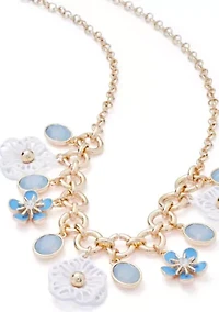 Gold Tone Blue Shaky Flower Frontal Necklace