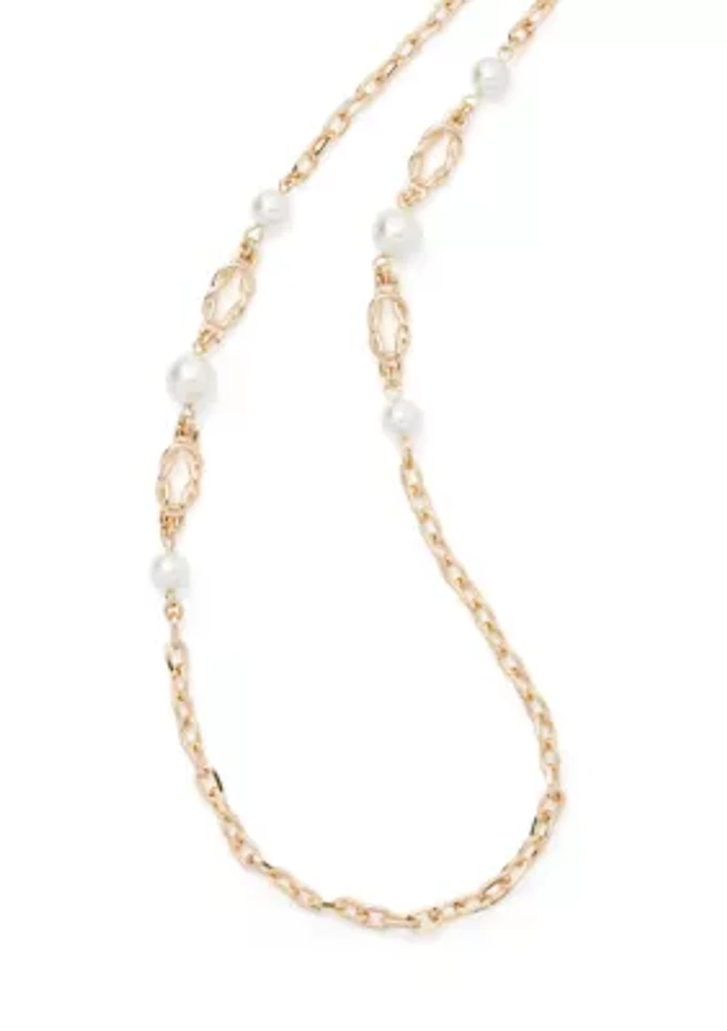 Gold Tone Pearl Link Strandage Necklace