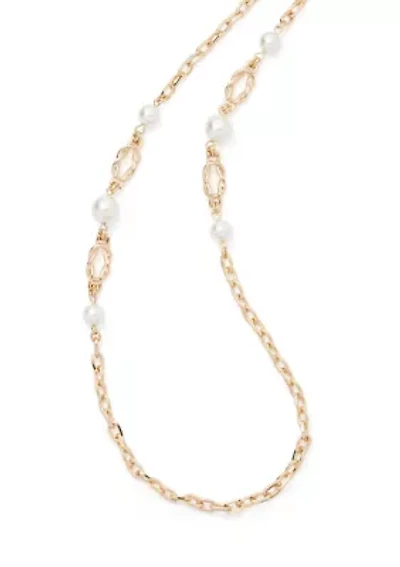 Gold Tone Pearl Link Strandage Necklace