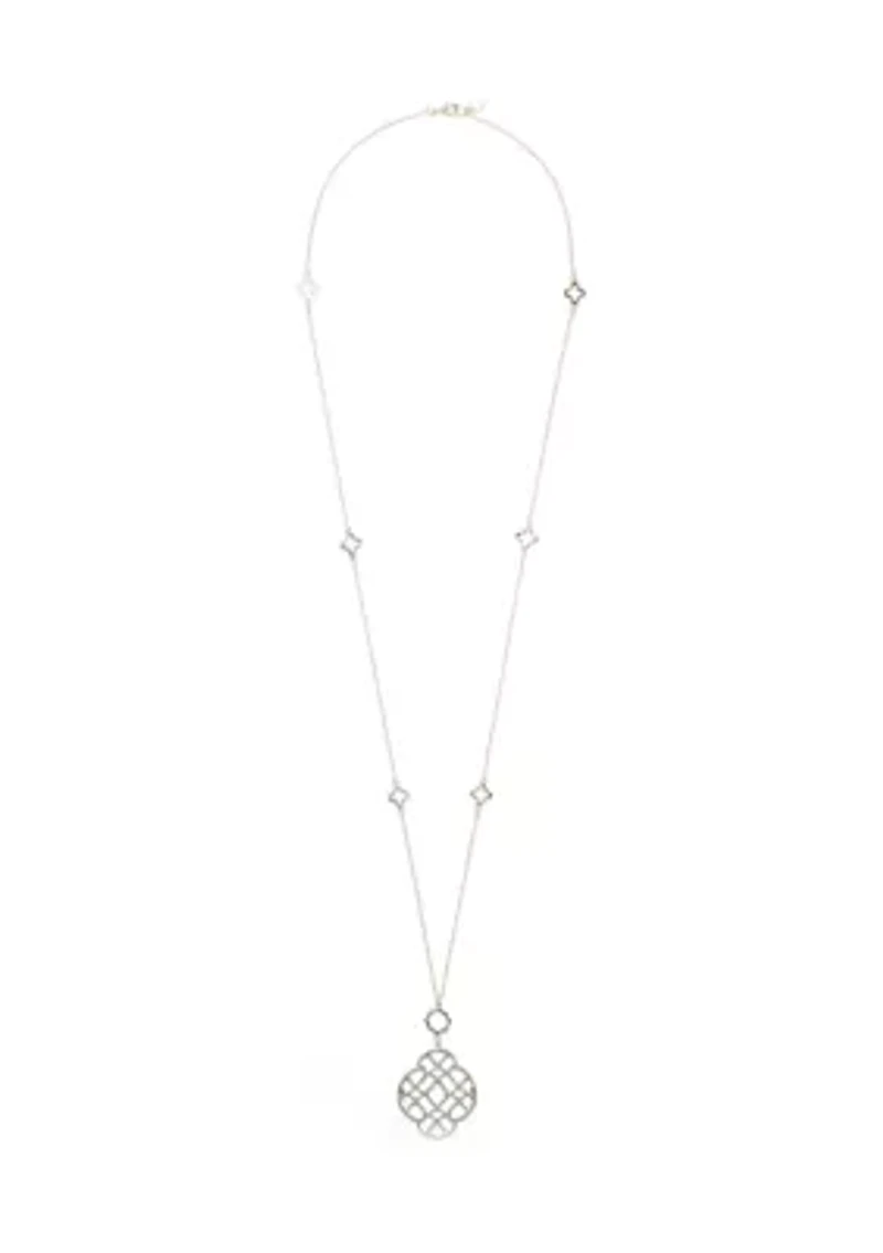 Silver Tone Open Station Pendant Strand Necklace
