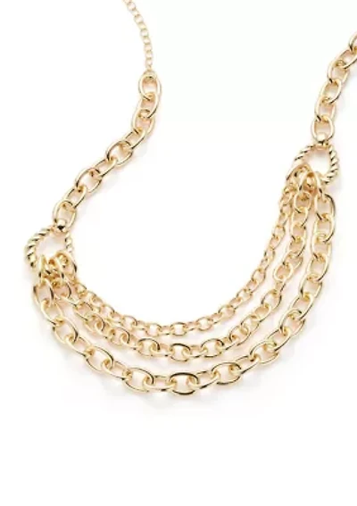 Gold Tone Ribbed Metal Multirow Necklace