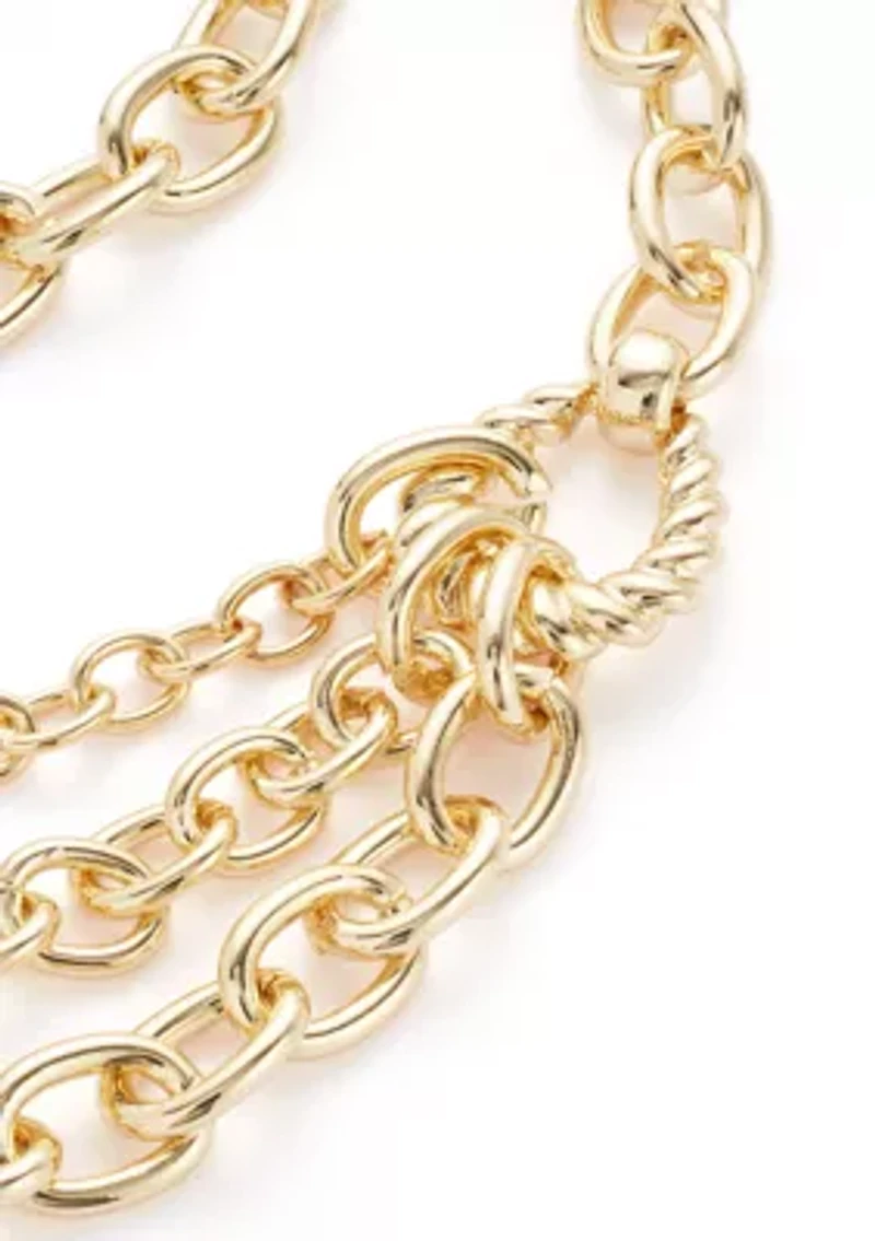 Gold Tone Ribbed Metal Multirow Necklace