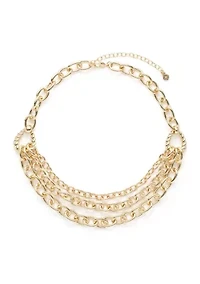 Gold Tone Ribbed Metal Multirow Necklace