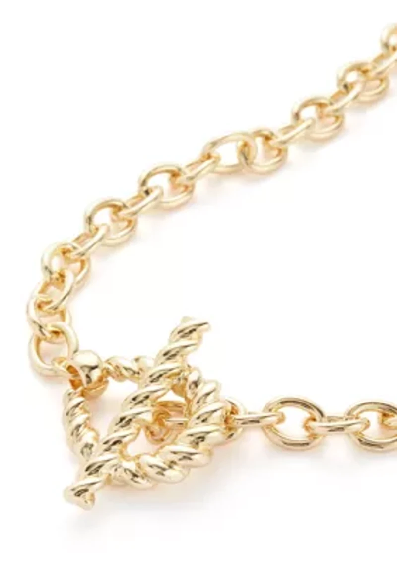 Gold Tone Ribbed Metal Toggle Collar Necklace