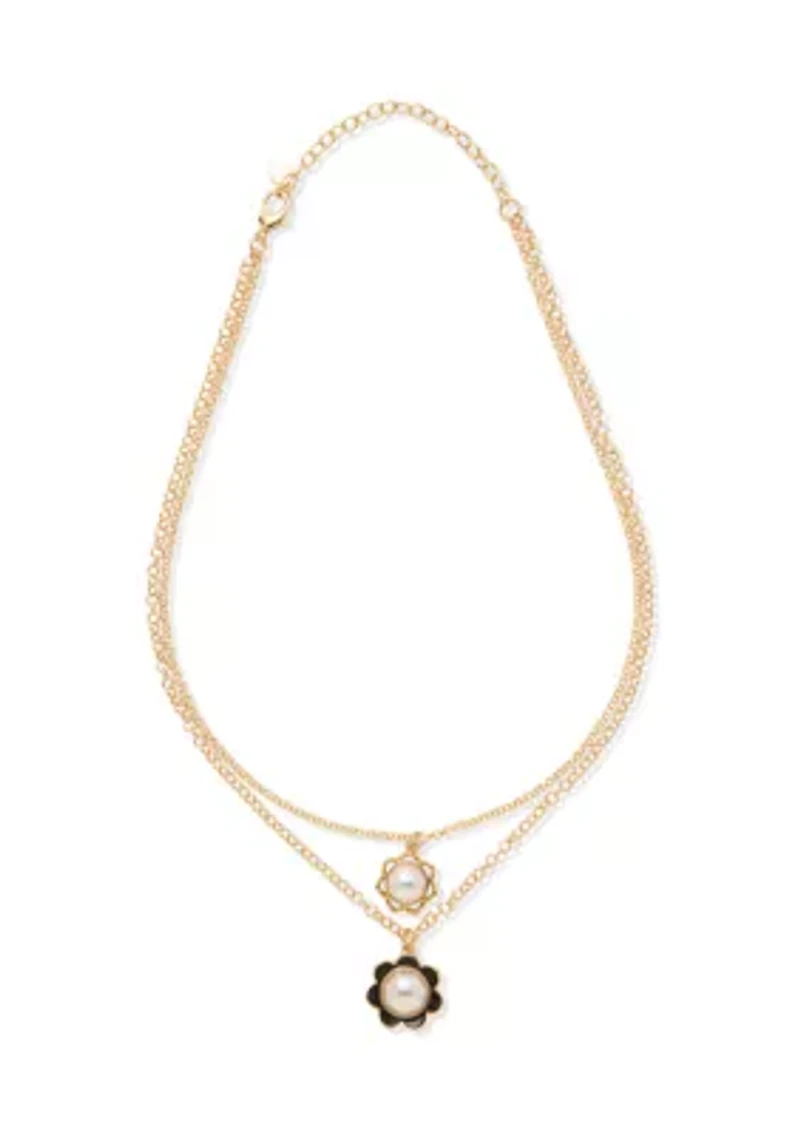 Gold Tone Double Flower Pendant Multi Row Necklace