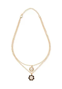 Gold Tone Double Flower Pendant Multi Row Necklace