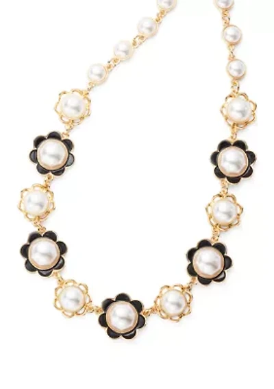 Gold Tone Black and Pearl Flower Collar Necklace