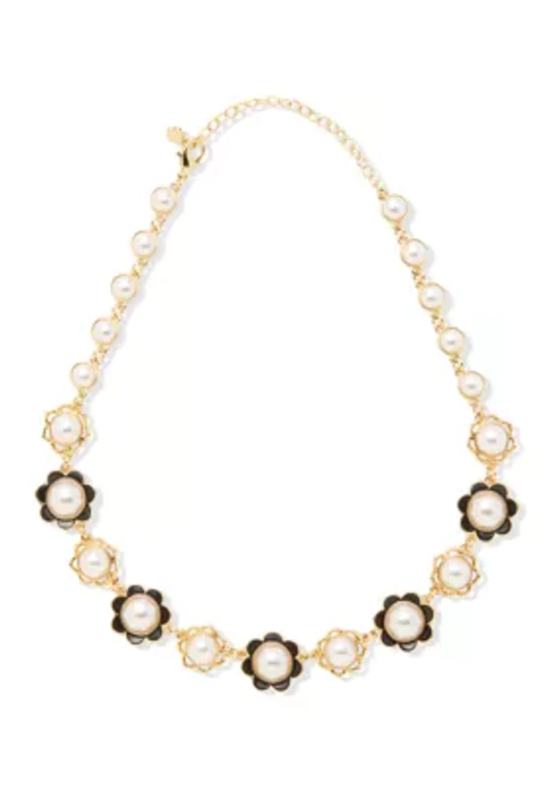 Gold Tone Black and Pearl Flower Collar Necklace