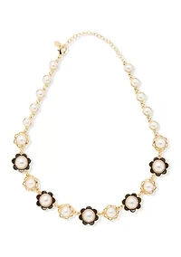 Gold Tone Black and Pearl Flower Collar Necklace