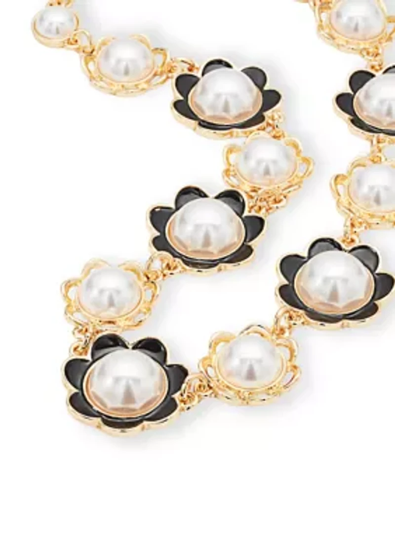 Gold Tone Black and Pearl Flower Collar Necklace