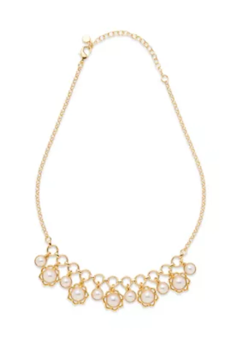 Gold Tone Pearl Flower Frontal Necklace