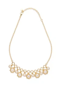 Gold Tone Pearl Flower Frontal Necklace