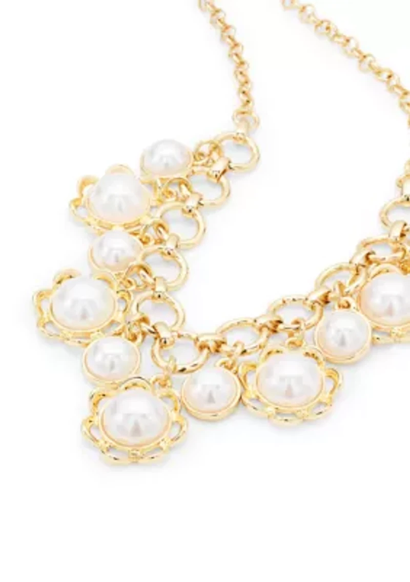 Gold Tone Pearl Flower Frontal Necklace