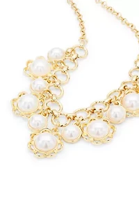 Gold Tone Pearl Flower Frontal Necklace