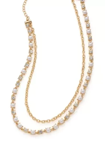 Gold Tone Crystal Pearl and Chain Multirow Necklace