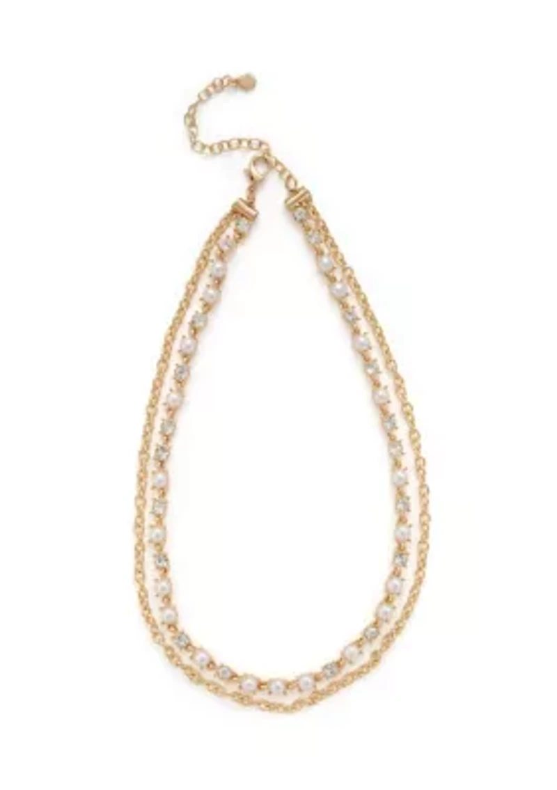 Gold Tone Crystal Pearl and Chain Multirow Necklace