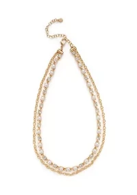 Gold Tone Crystal Pearl and Chain Multirow Necklace