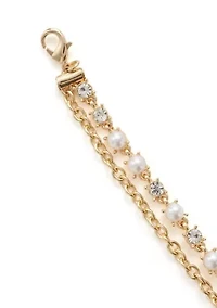 Gold Tone Crystal Pearl and Chain Multirow Necklace