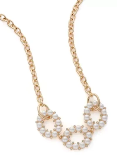 Gold Tone White Round Pearl Link Frontal Necklace