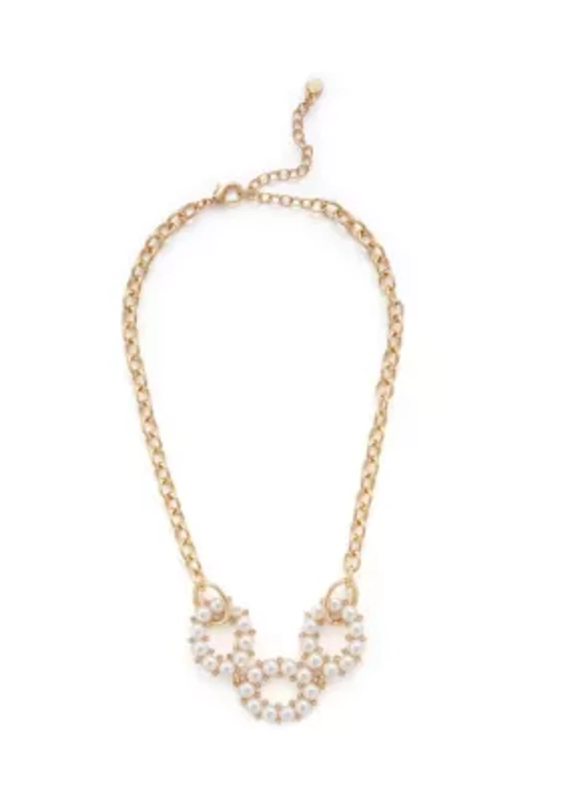Gold Tone White Round Pearl Link Frontal Necklace