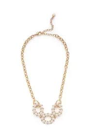 Gold Tone White Round Pearl Link Frontal Necklace