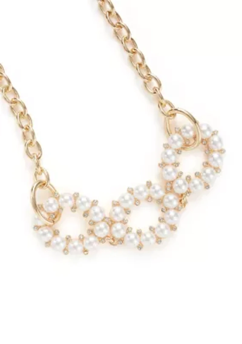 Gold Tone White Round Pearl Link Frontal Necklace