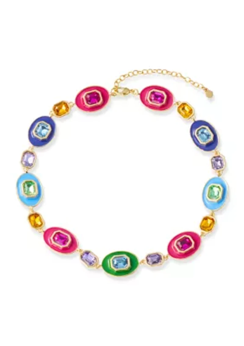 Gold Tone Multi Stone Enamel Statement Necklace