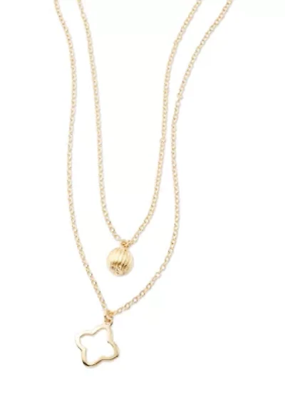 Gold Tone Open Quatrefoil and Bead Multirow Pendant Necklace
