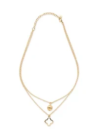 Gold Tone Open Quatrefoil and Bead Multirow Pendant Necklace