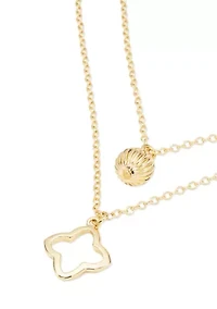 Gold Tone Open Quatrefoil and Bead Multirow Pendant Necklace