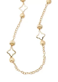 Gold Tone Open Quatrefoil Long Textured Bead Strand Necklace