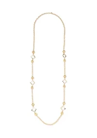 Gold Tone Open Quatrefoil Long Textured Bead Strand Necklace