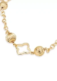 Gold Tone Open Quatrefoil Long Textured Bead Strand Necklace
