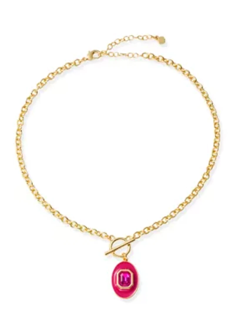 Gold Tone Pink Enamel Stone Toggle Necklace