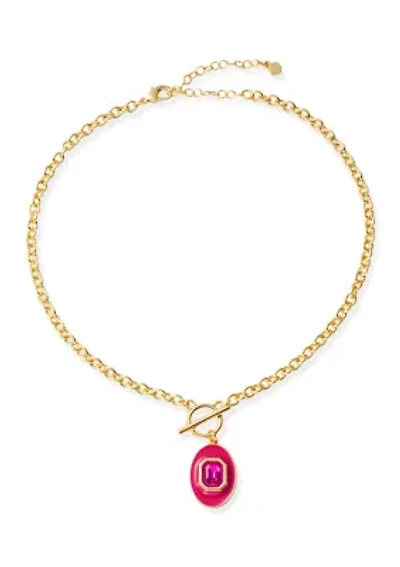 Gold Tone Pink Enamel Stone Toggle Necklace