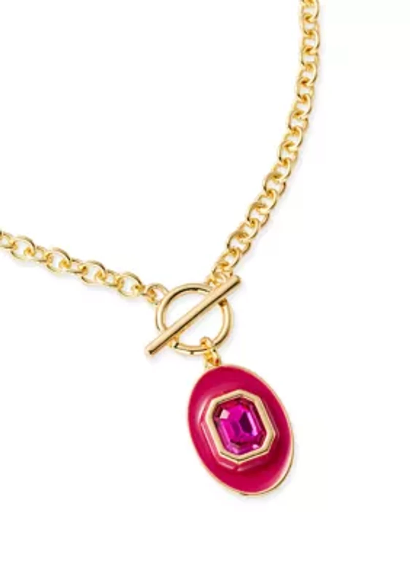 Gold Tone Pink Enamel Stone Toggle Necklace
