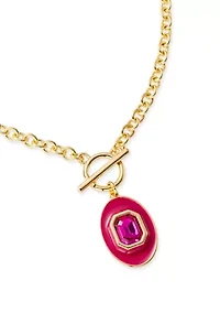 Gold Tone Pink Enamel Stone Toggle Necklace