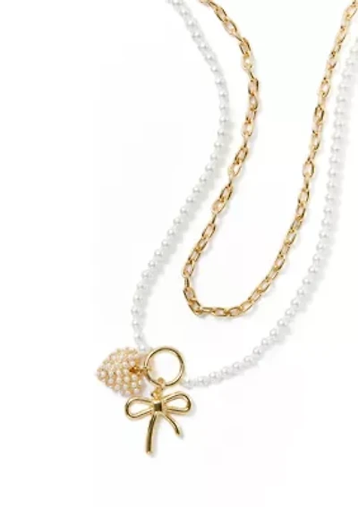  Pearl Heart Bow Charm Multi-row Necklace