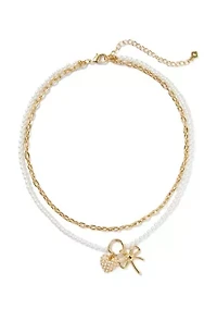  Pearl Heart Bow Charm Multi-row Necklace