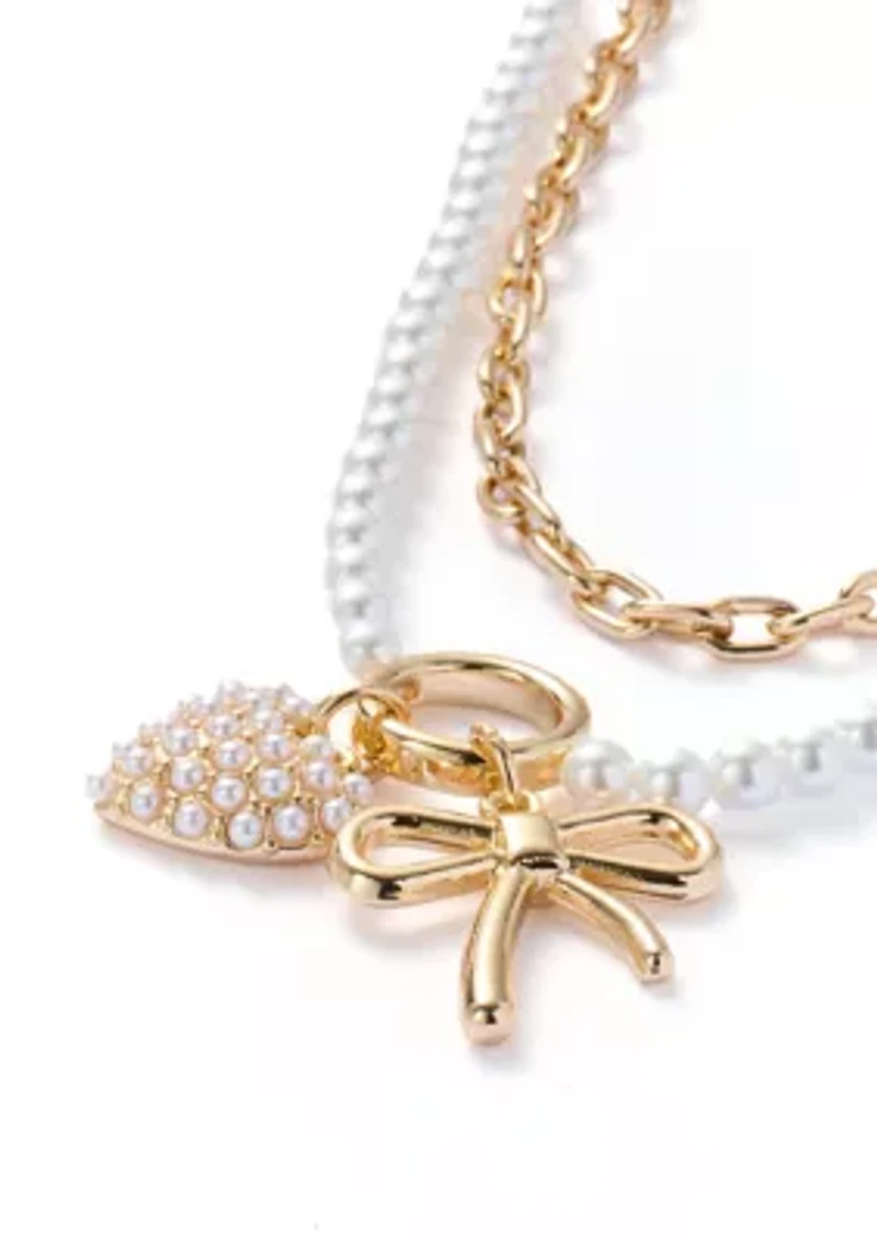 Pearl Heart Bow Charm Multi-row Necklace