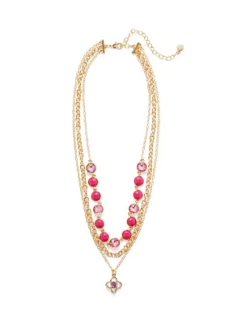 Crystal Pendant Multi Row Gold Tone Necklace