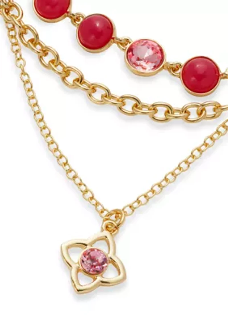 Crystal Pendant Multi Row Gold Tone Necklace