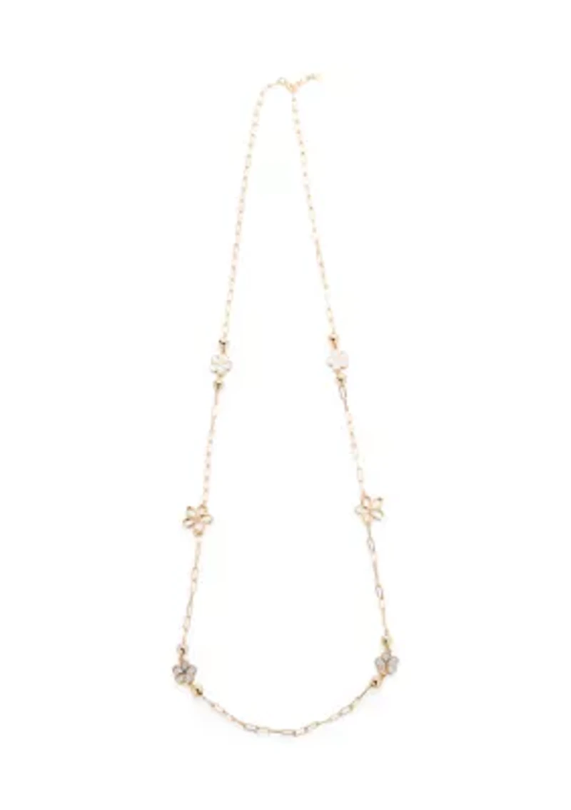 Long Floral Strandage Gold Tone Necklace