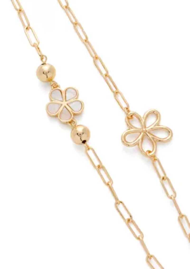 Long Floral Strandage Gold Tone Necklace