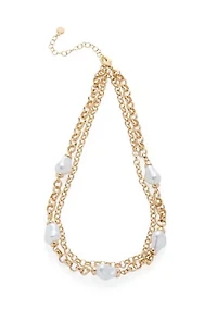 Pearl Station Multirow Gold Tone Collar Necklace
