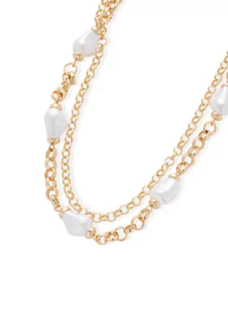 Pearl Station Multirow Gold Tone Collar Necklace