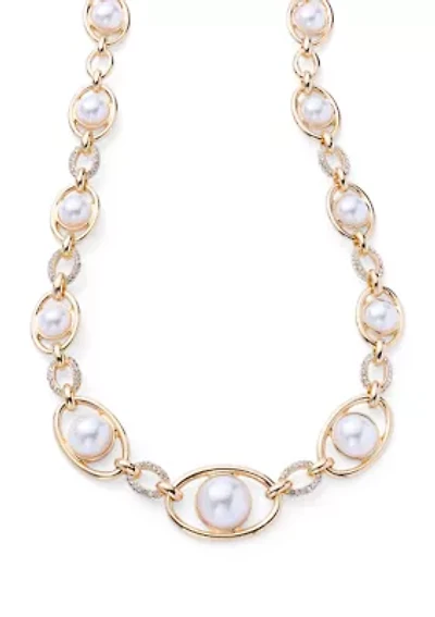 Oval Link Pearl Crystal Pavé Collar Necklace