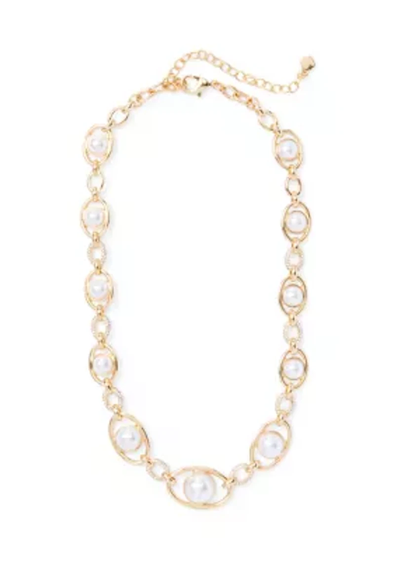 Oval Link Pearl Crystal Pavé Collar Necklace